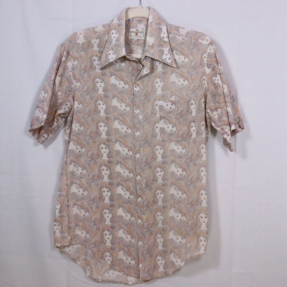 Male Duds Button Down Mens M Brown Vintage 70s Face Print Dagger Collar Shirt